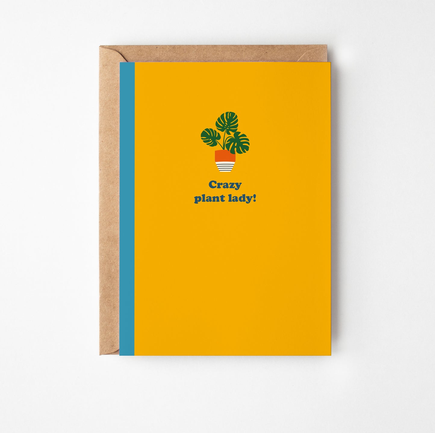 Greeting card with plant illustration and text 'Crazy plant lady!' on a yellow background