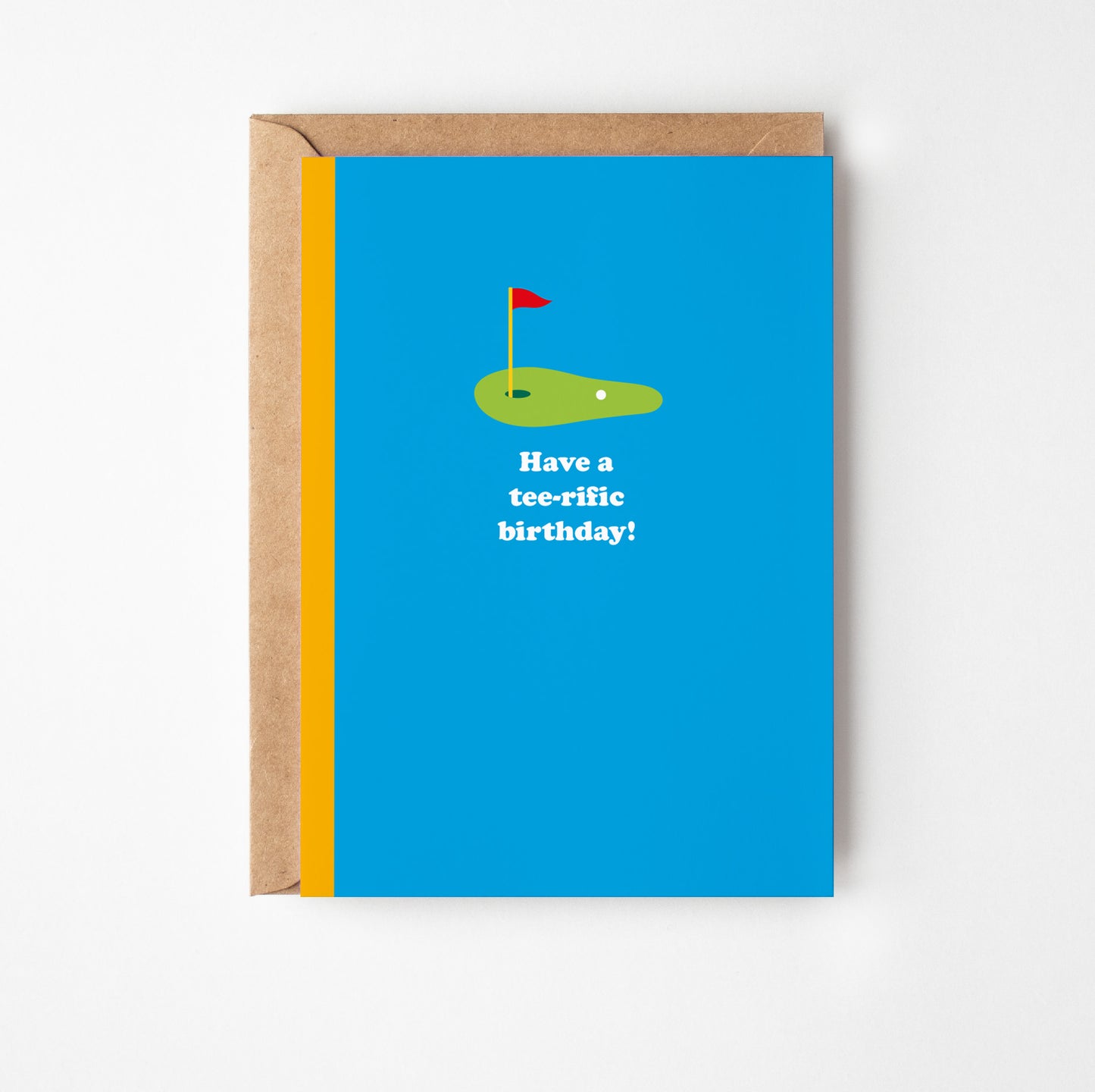 Blue Greeting card with golf image and text "Have a tee-rific birthday!"