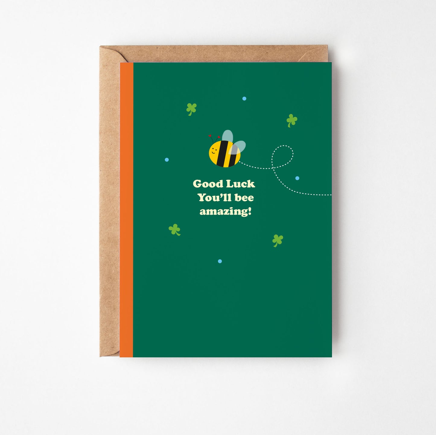 Green card with a bee illustration and 'Good Luck You'll be amazing!' text, on a white background.