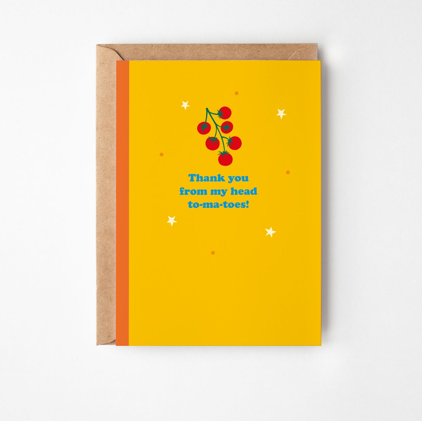 Greeting card with red tomatoes illustration and text on a yellow background