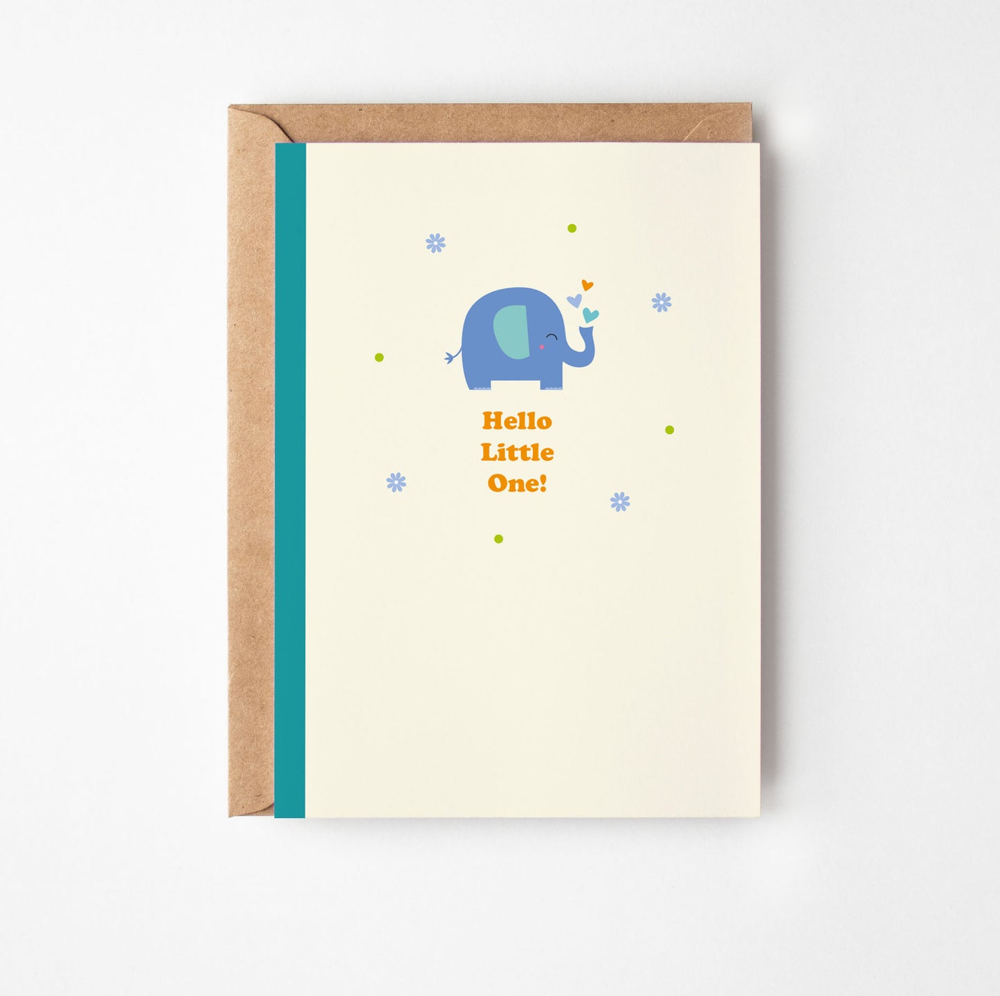 Greeting card with an elephant illustration and 'Hello Little One!' text on a white background
