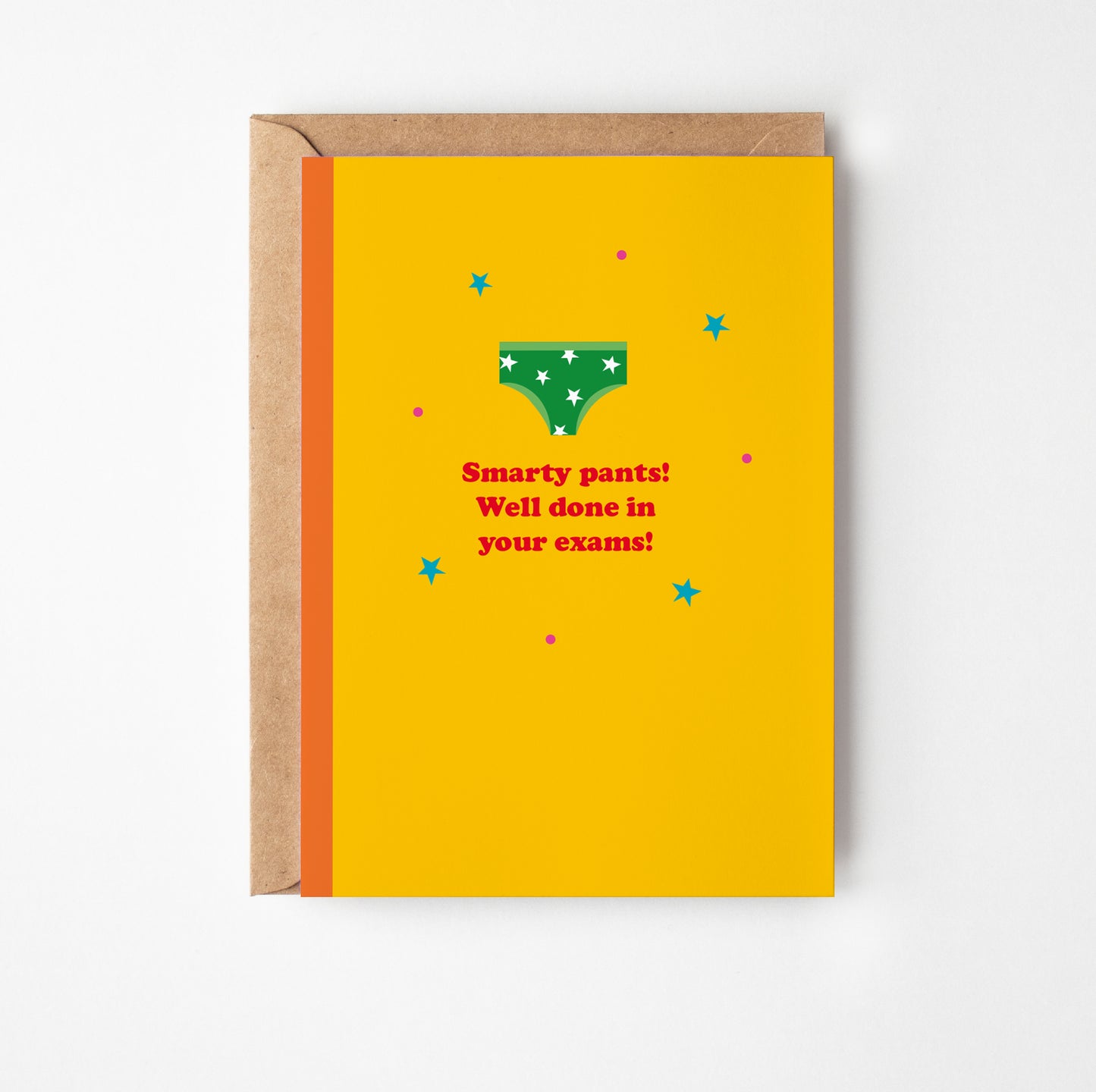 Greeting card with a yellow background and text 'Smarty pants! Well done in your exams!' on a white background.