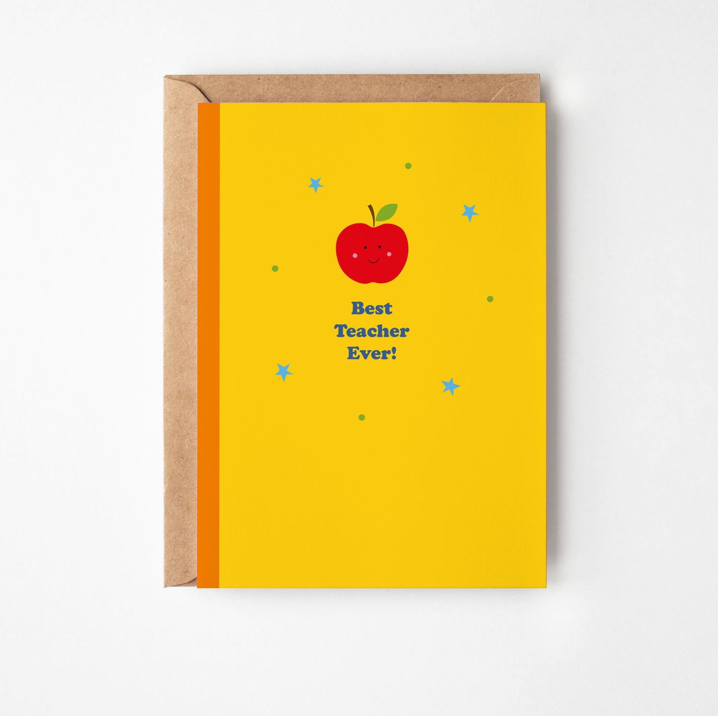 Greeting card with a red apple and 'Best Teacher Ever!' text on a yellow background