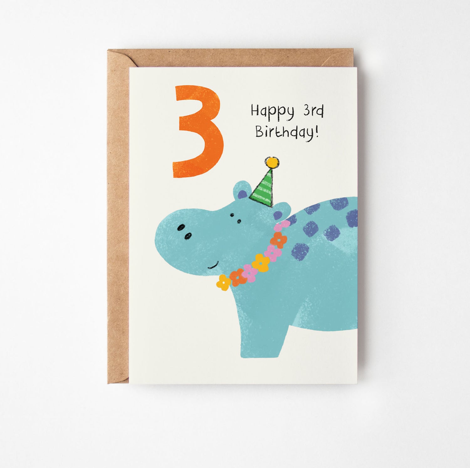 3rd birthday card with a dinosaur illustration and 'Happy 3rd Birthday!' text on a white background.
