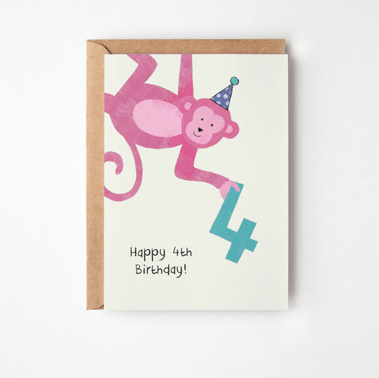 4th birthday card with pink monkey illustration and 'Happy 4th Birthday!' text on a white background.