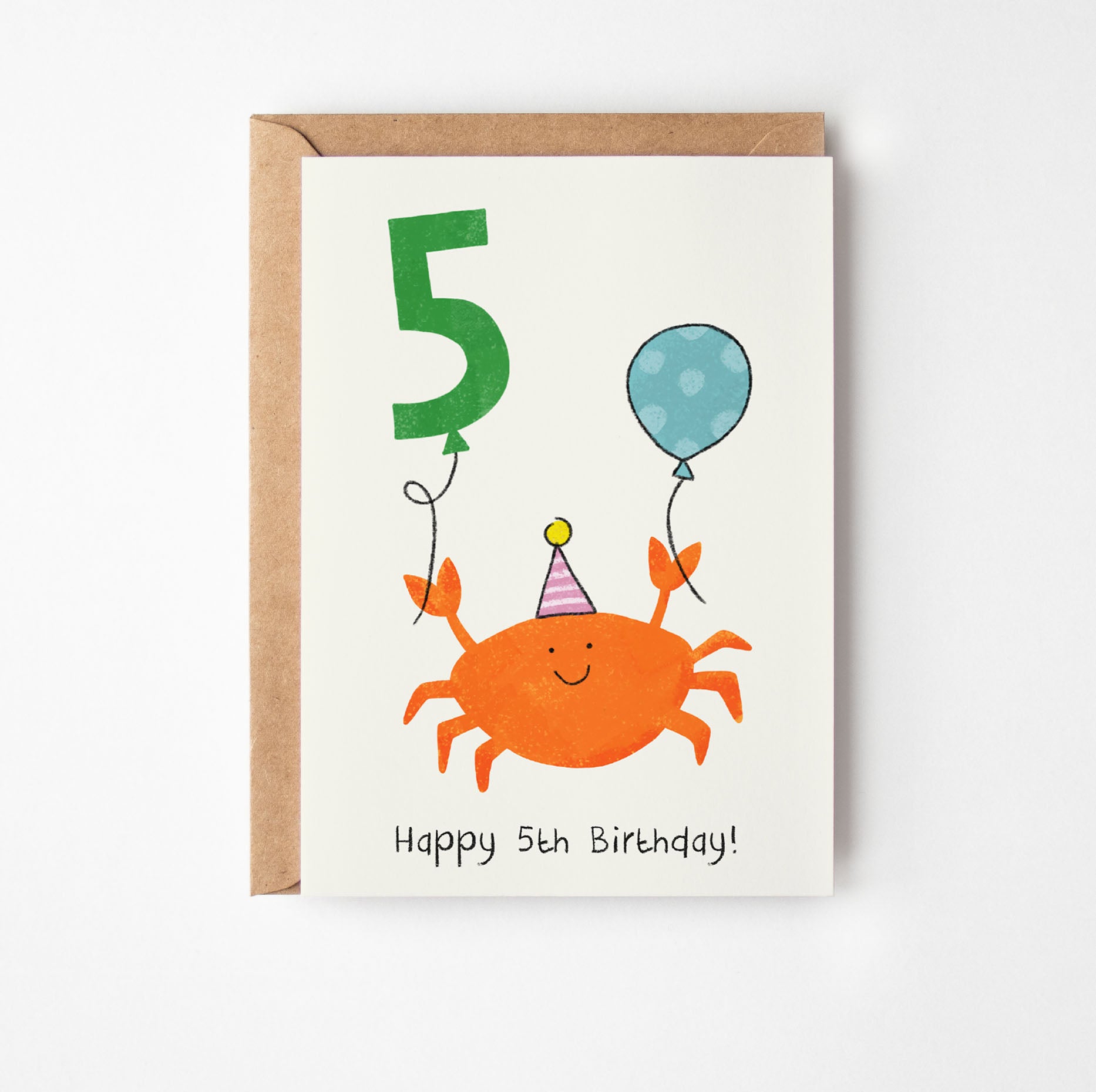5th birthday card with a crab and balloons on a white background