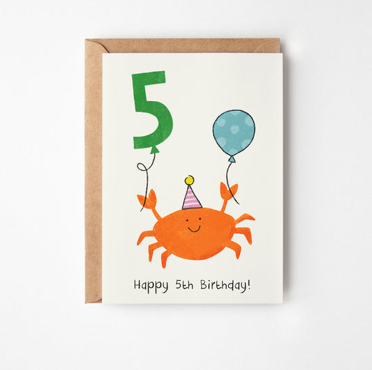 5th birthday card with a crab and balloons on a white background