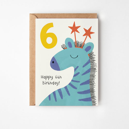 6th birthday card with a blue zebra illustration and number 6 on a white background