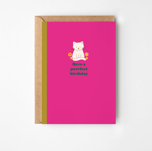 Greeting card with a cat illustration and text on a pink background