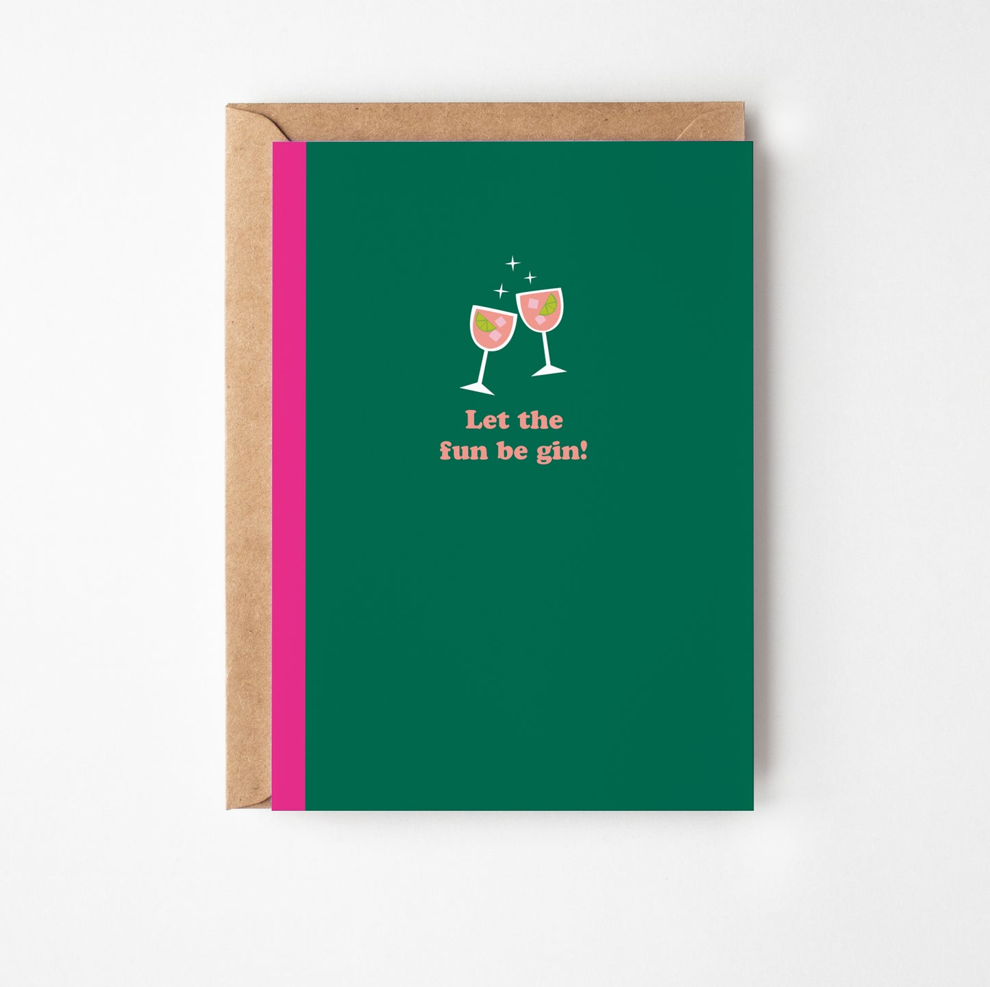 Green greeting card with pink text and wine glass illustrations, featuring a brown envelope.