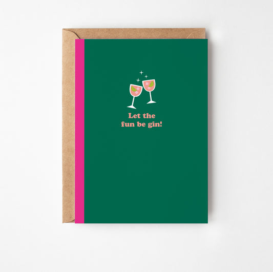 Green greeting card with pink text and wine glass illustrations, featuring a brown envelope.
