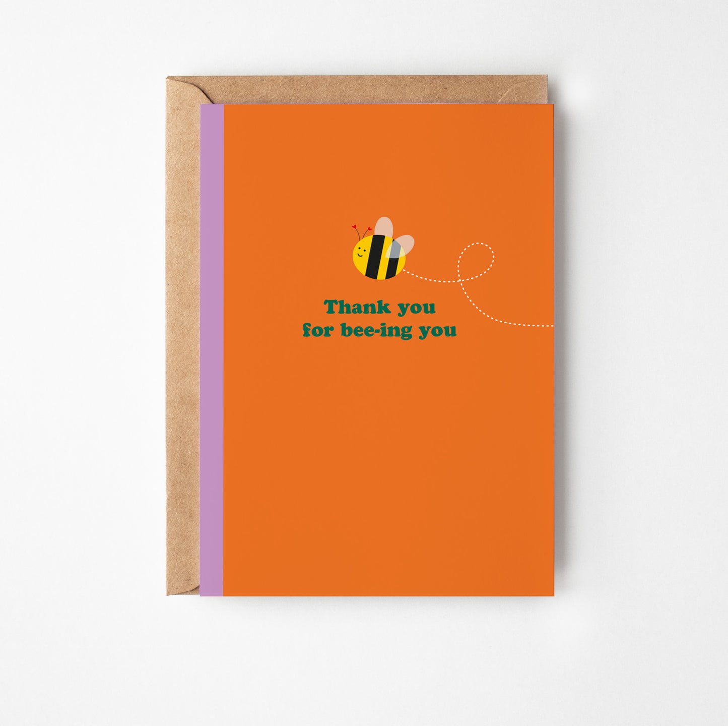 Orange greeting card with a bee illustration and text "Thank you for bee-ing you"