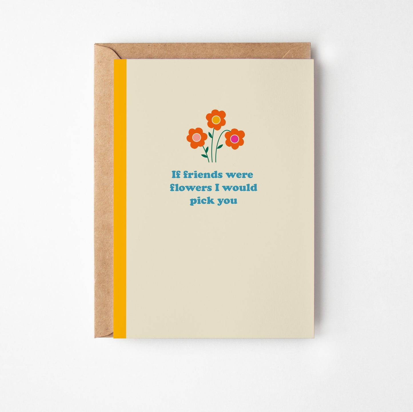 Greeting card with floral design and text on beige paper with brown envelope
