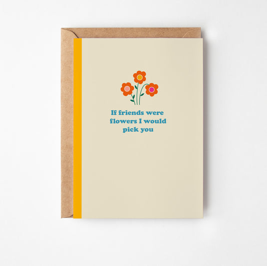 Greeting card with floral design and text on beige paper with brown envelope