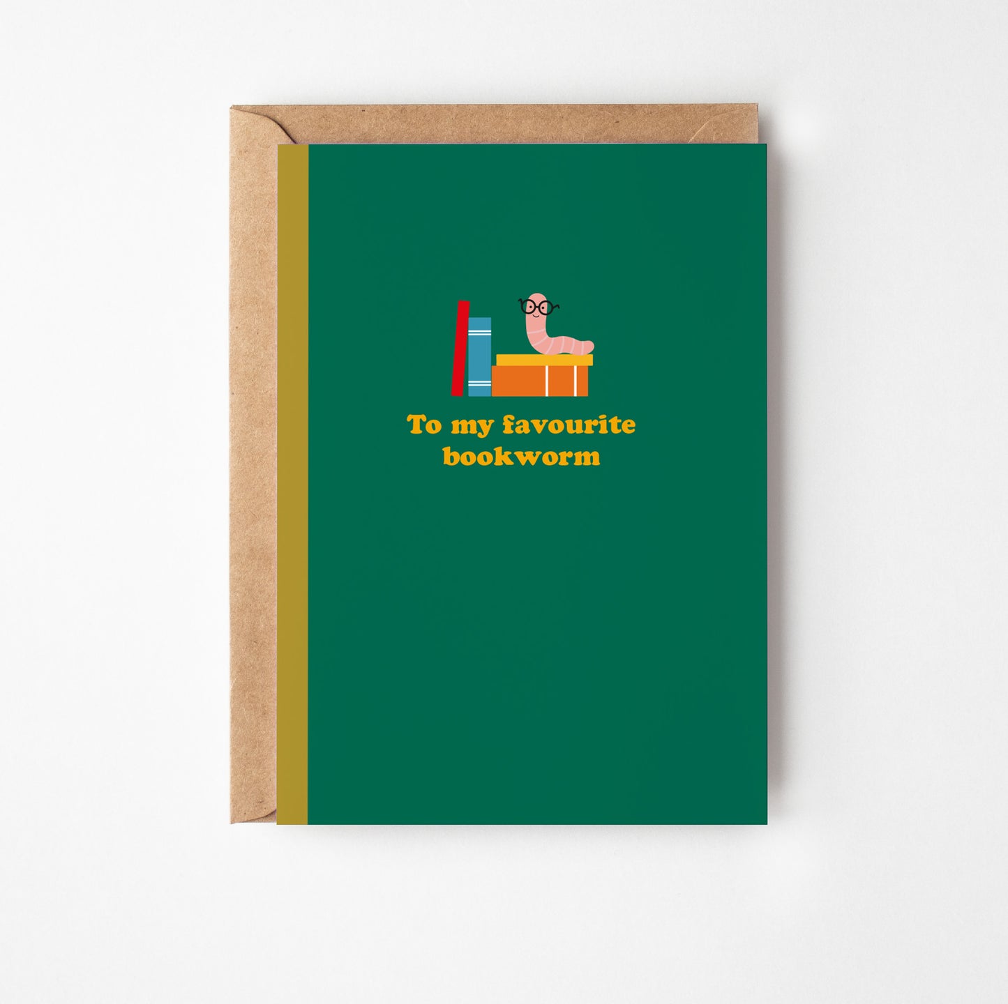 Greeting card with a bookworm illustration and text 'To my favourite bookworm' on a green background.