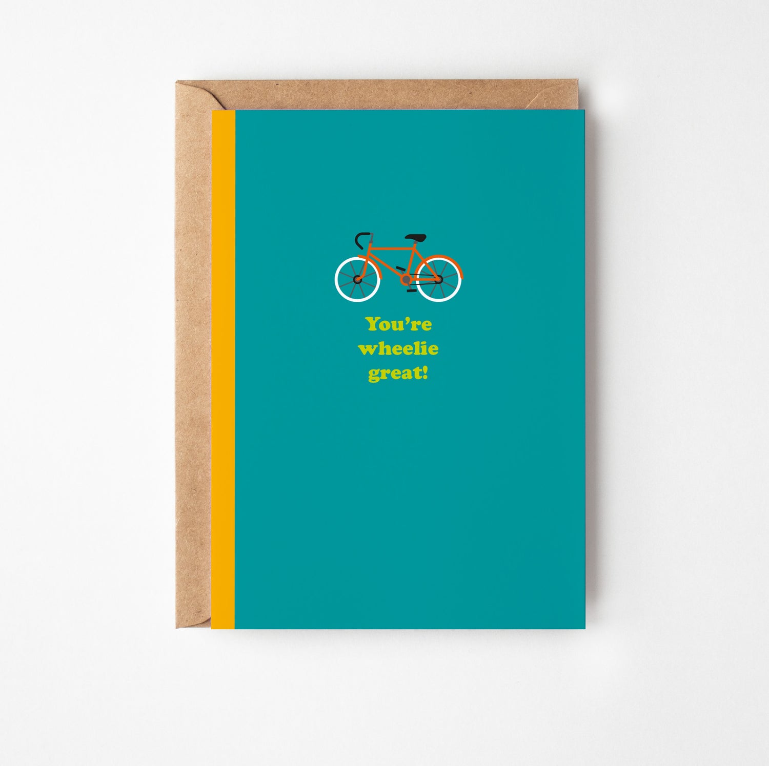 Greeting card with a bicycle illustration and text on a teal background