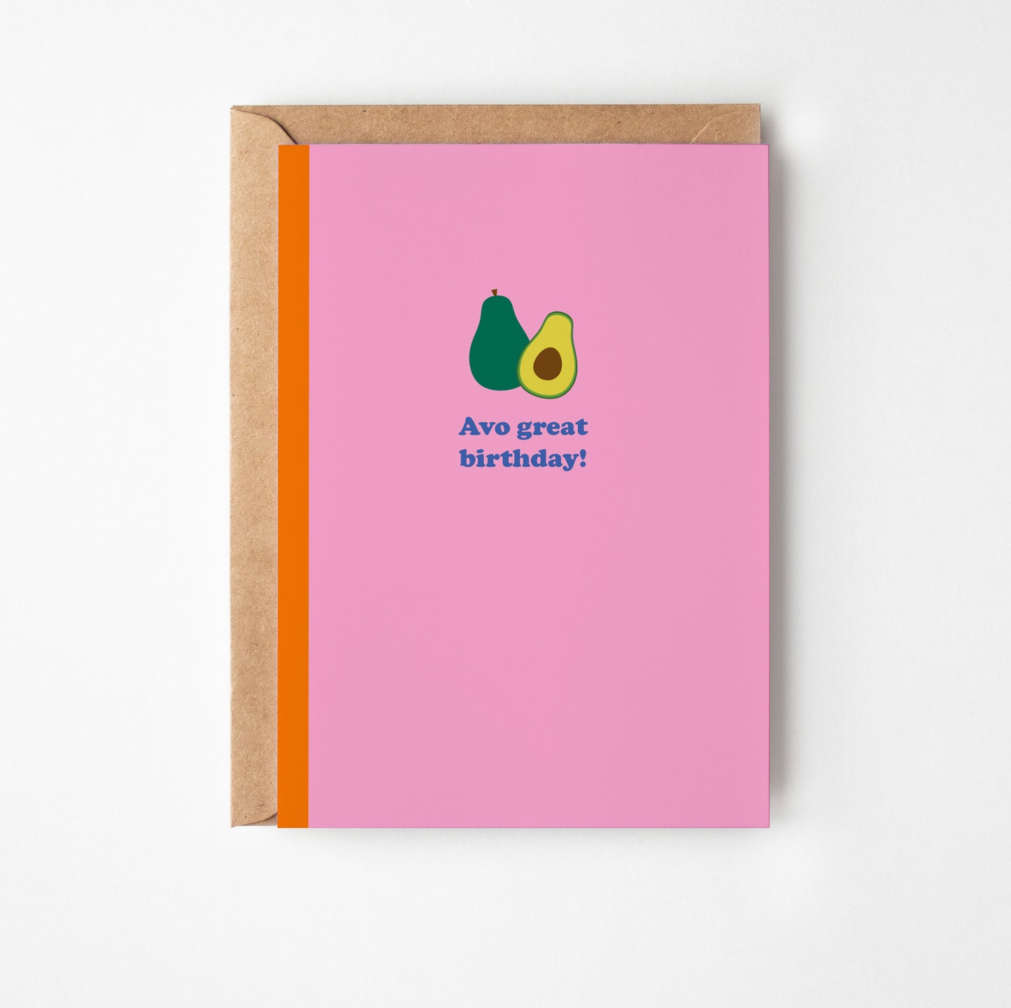Pink greeting card with avocado illustration and text 'Avo great birthday!' 