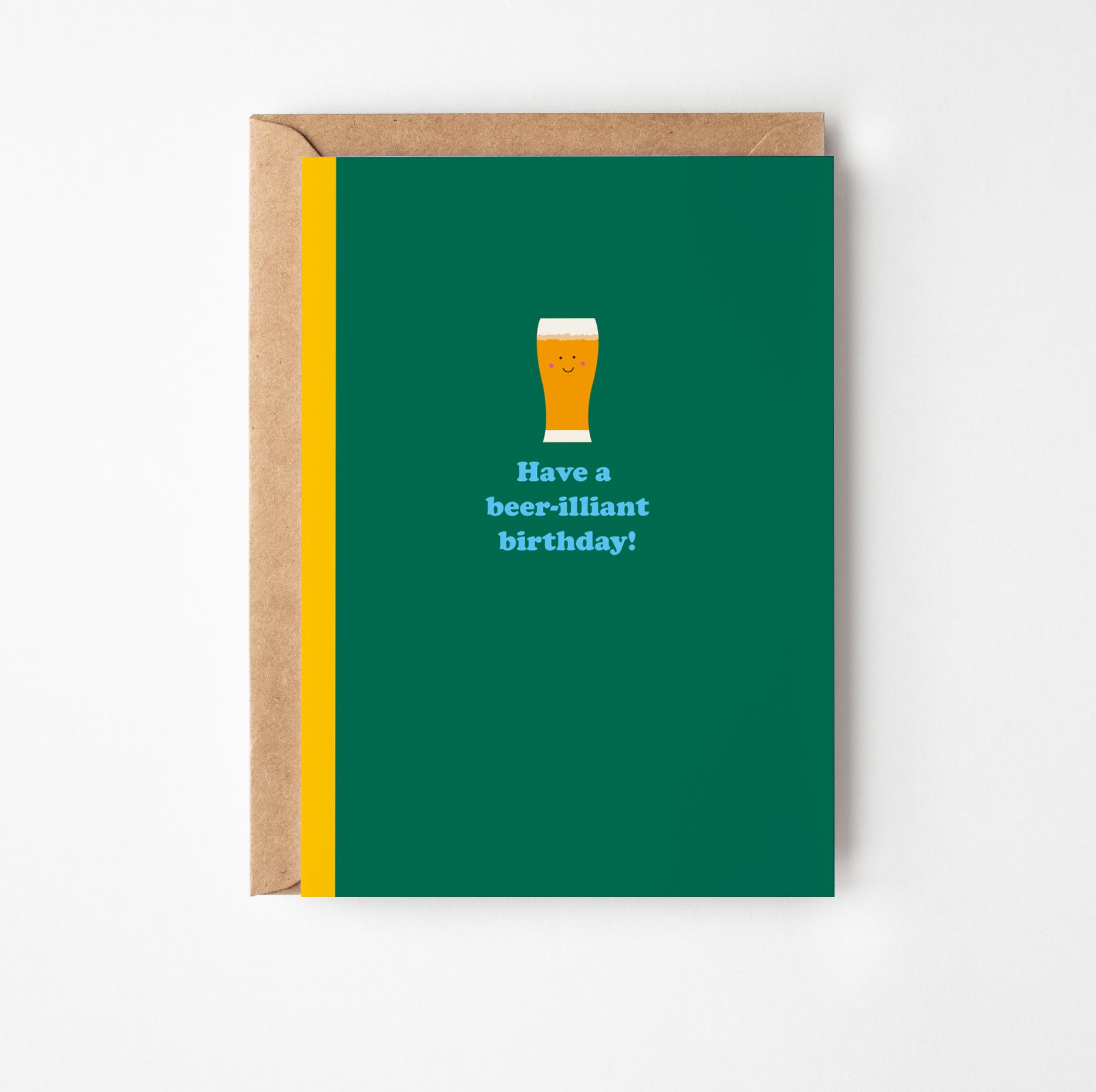 Greeting card with a beer illustration and text on a green background