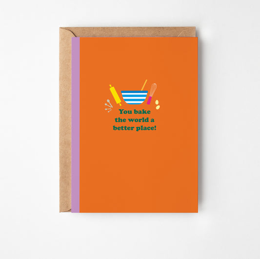 Greeting card with baking-themed illustration and text on an orange background