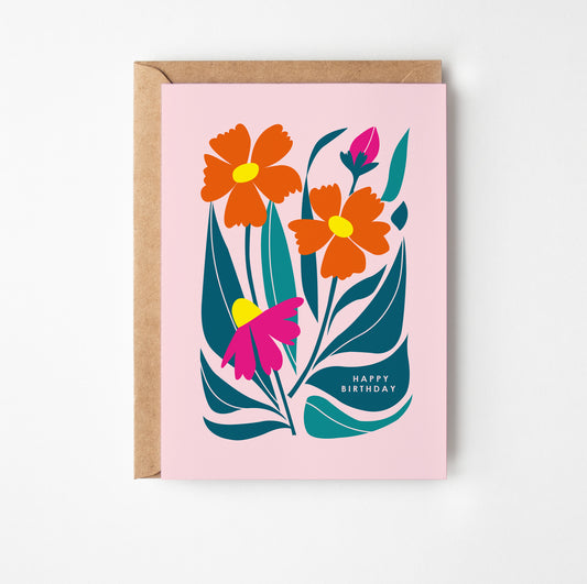 Teal Leaves and Flowers Greetings Card