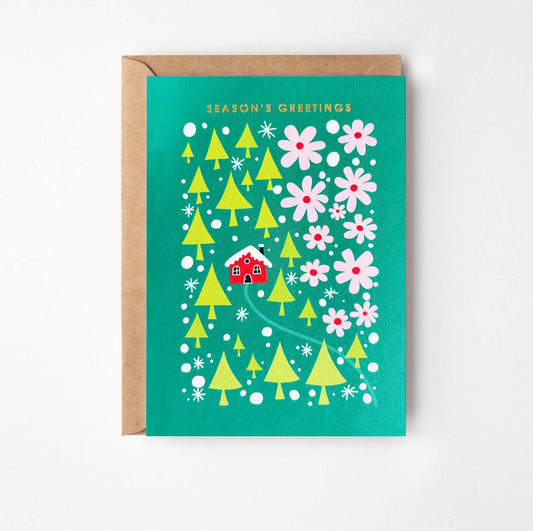 Snowy House Foiled Greetings Card