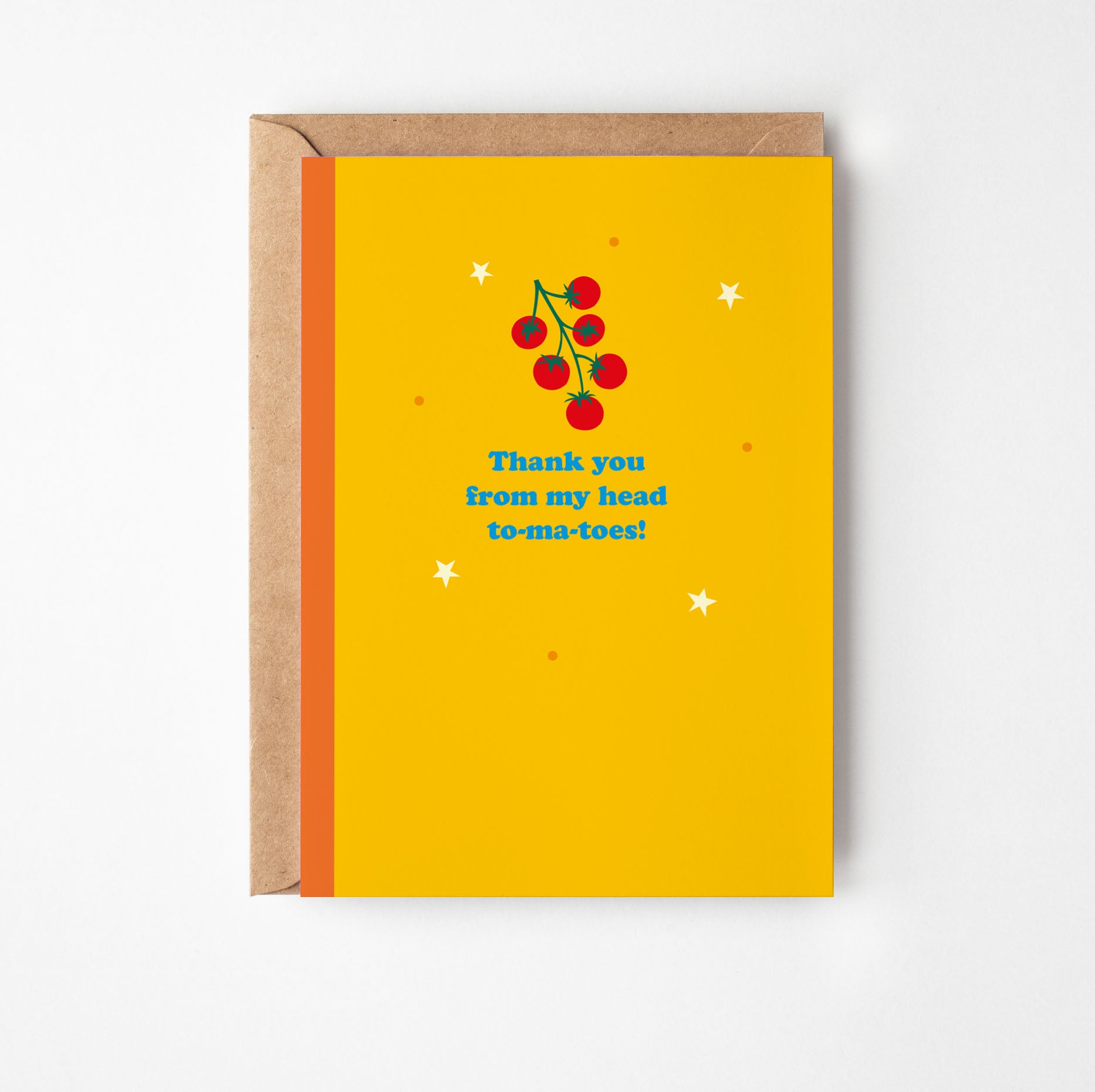 Greeting card with red tomatoes illustration and text on a yellow background