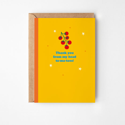 Greeting card with red tomatoes illustration and text on a yellow background