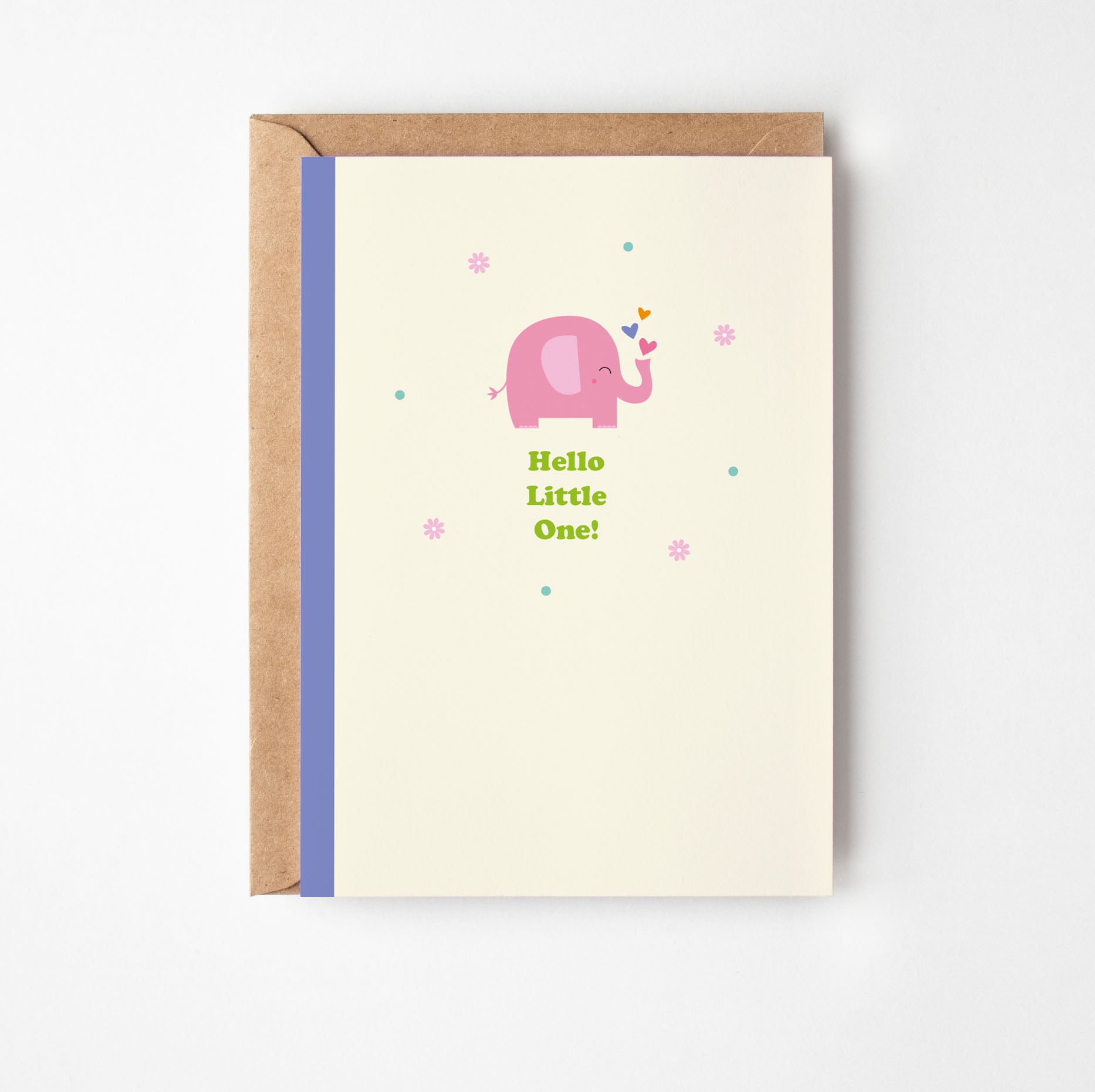 Greeting card with a pink elephant and 'Hello Little One!' text on a white background