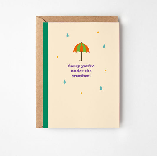 Card with an umbrella illustration and text on a beige background