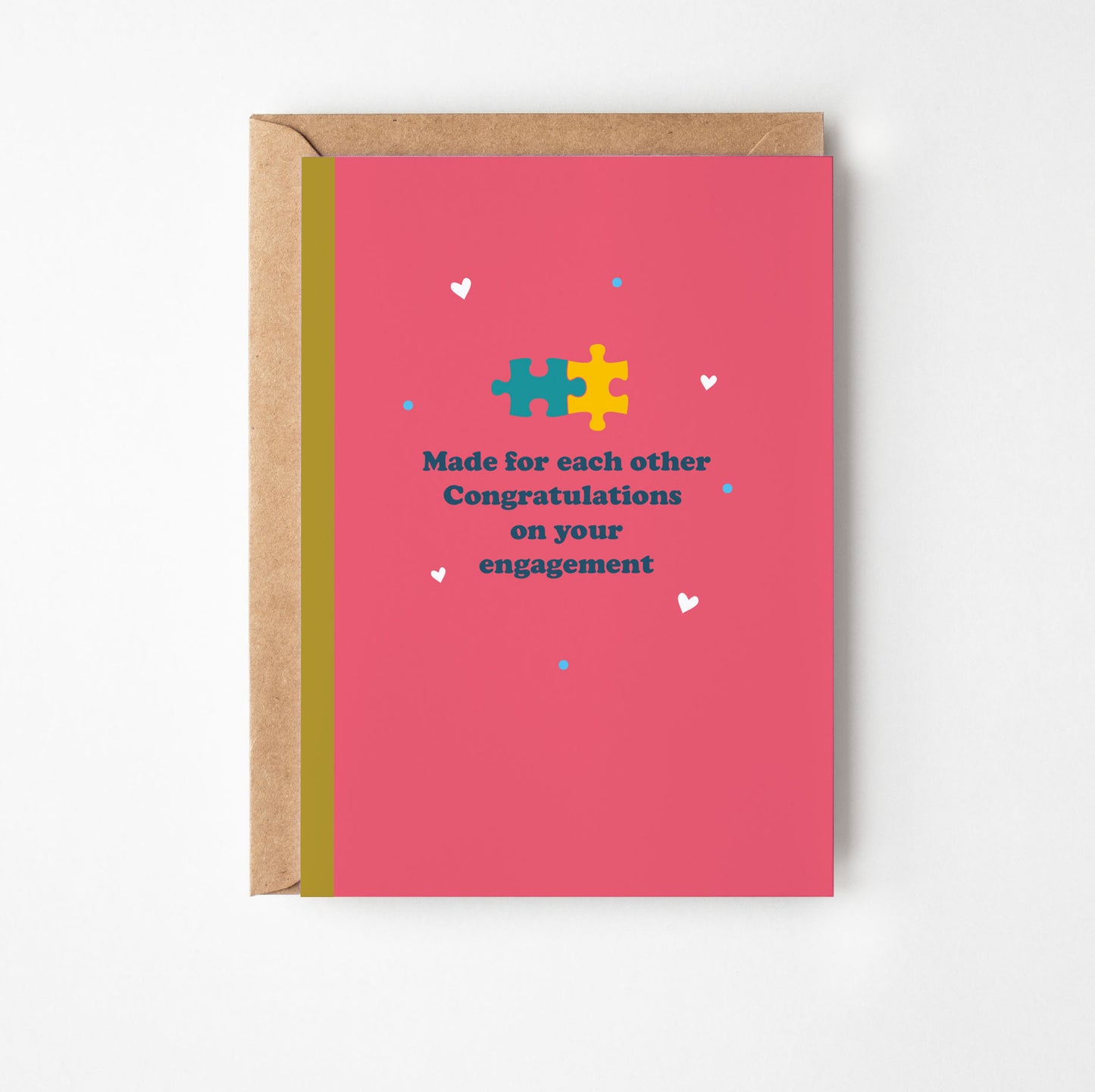 Engagement card with puzzle piece design and text on a pink background