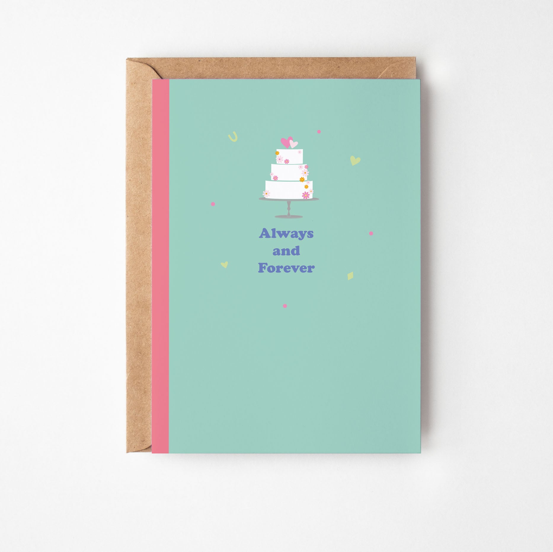 Greeting card with a wedding cake illustration and text on a light green background