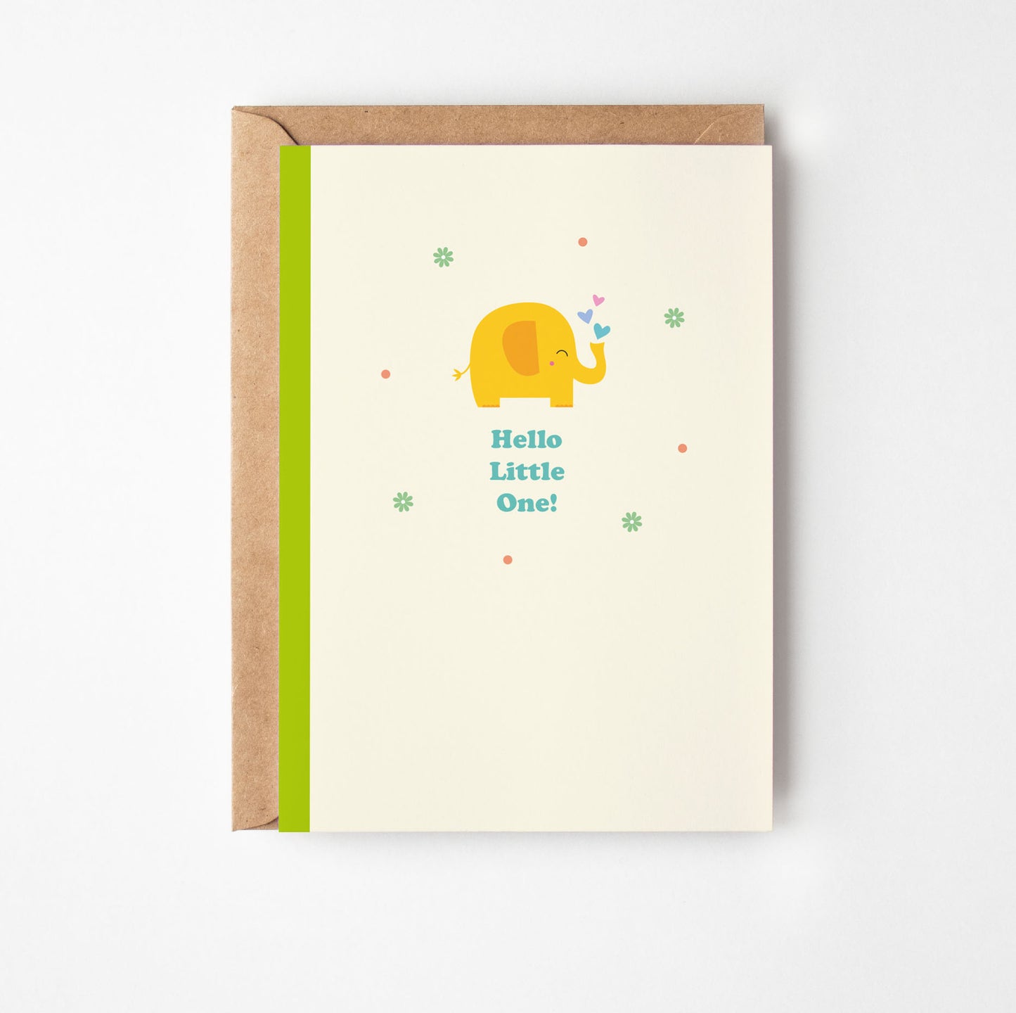 Greeting card with an elephant illustration and 'Hello Little One!' text on a white background