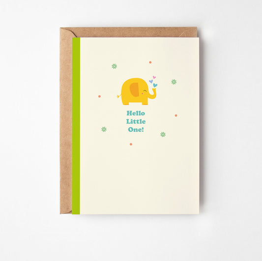 Greeting card with an elephant illustration and 'Hello Little One!' text on a white background