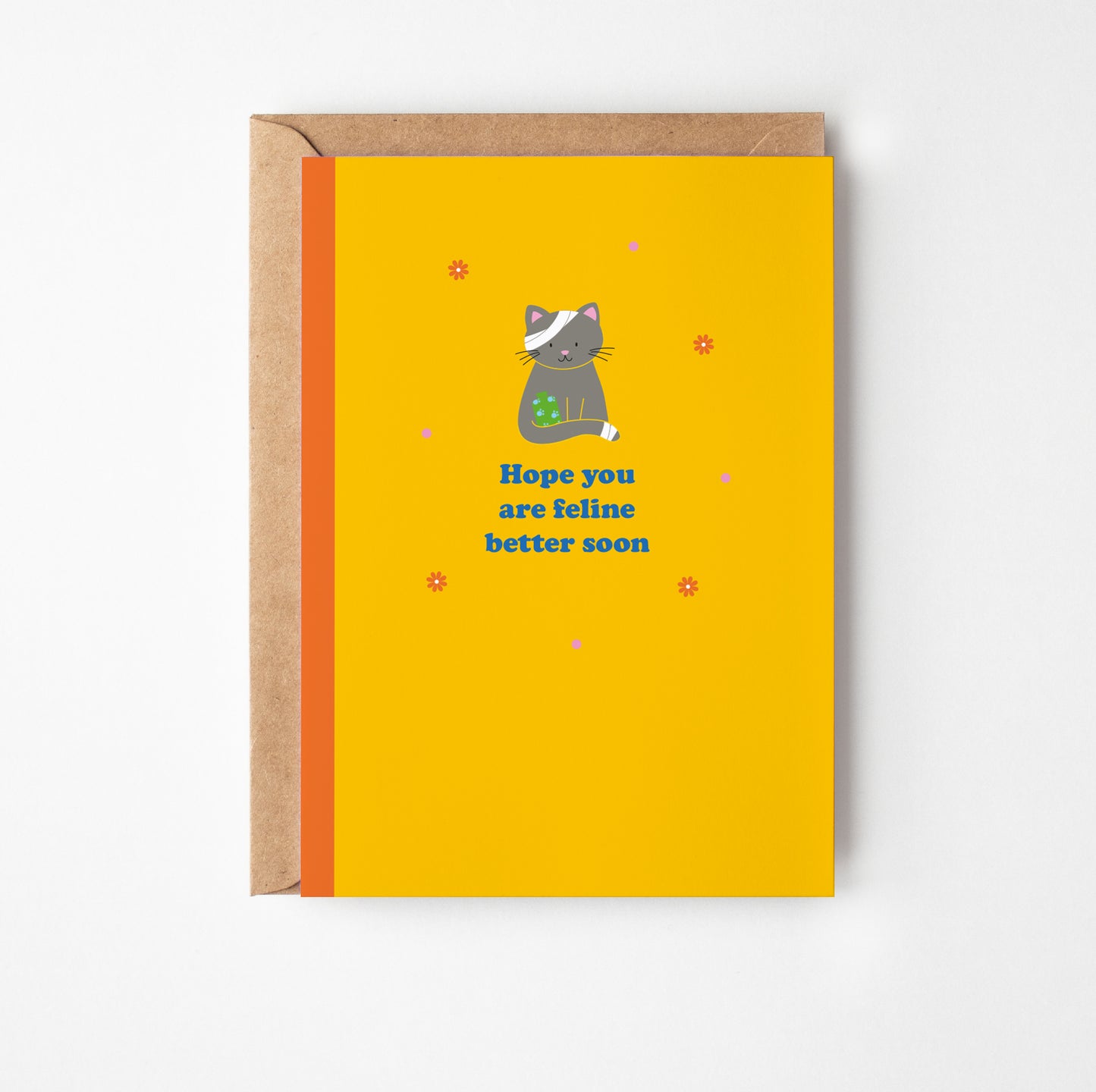 Greeting card with a cat illustration and text on a yellow background