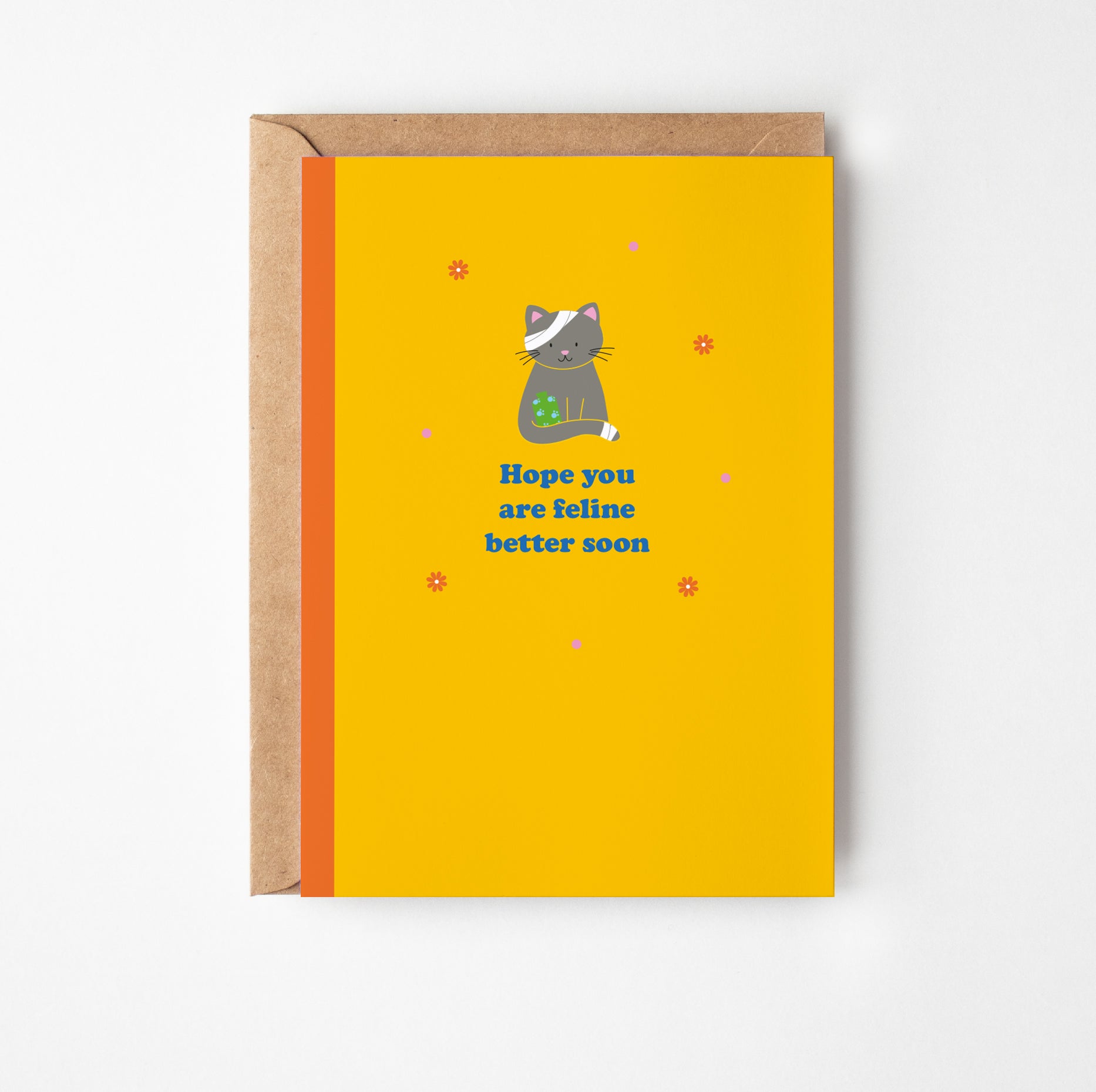 Greeting card with a cat illustration and text on a yellow background