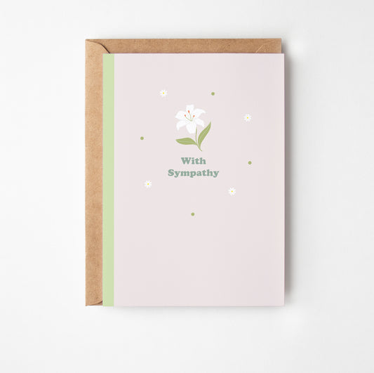 Sympathy card with floral design and 'With Sympathy' text on a white background