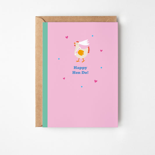 Greeting card with a chicken illustration and 'Happy Hen Do!' text on a pink background, with a brown envelope.