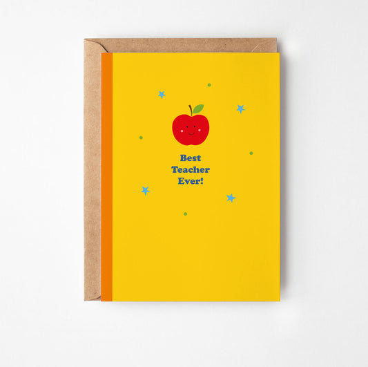 Greeting card with a red apple and 'Best Teacher Ever!' text on a yellow background